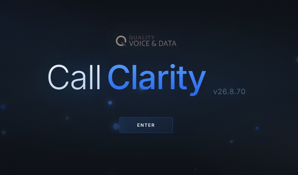 The Call Clarity landing screen: the Quality Voice and Data logo above the Call Clarity wordmark, the app version, and an Enter button.